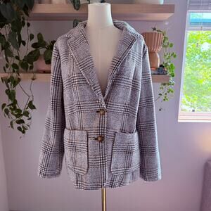 St. John’s Bay Plaid Wool Blend Pea Coat L Black Brown Gray Button Front